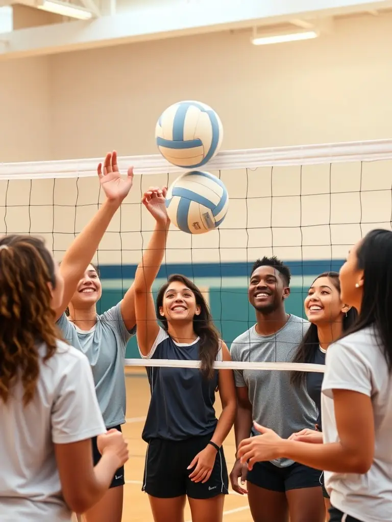 A group of students smiling and collaborating during a volleyball practice session, emphasizing communication and coordination.