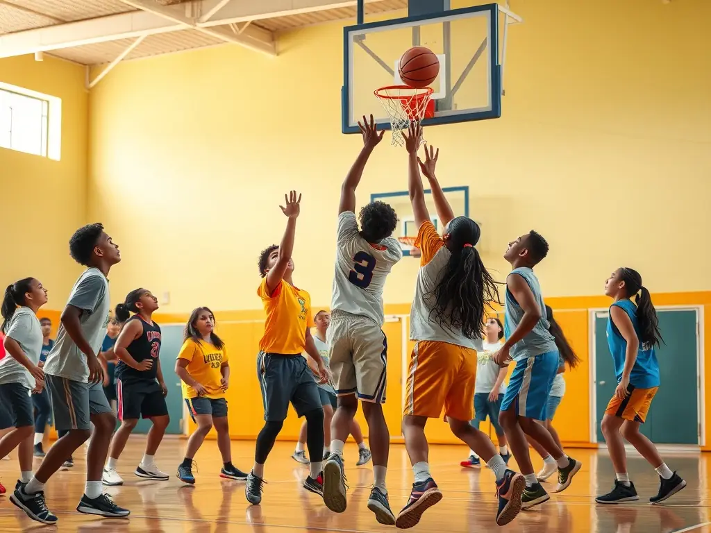A vibrant image of students participating in a basketball game during an after-school sports program at AS COLLEGE PACY, showcasing teamwork and active engagement.