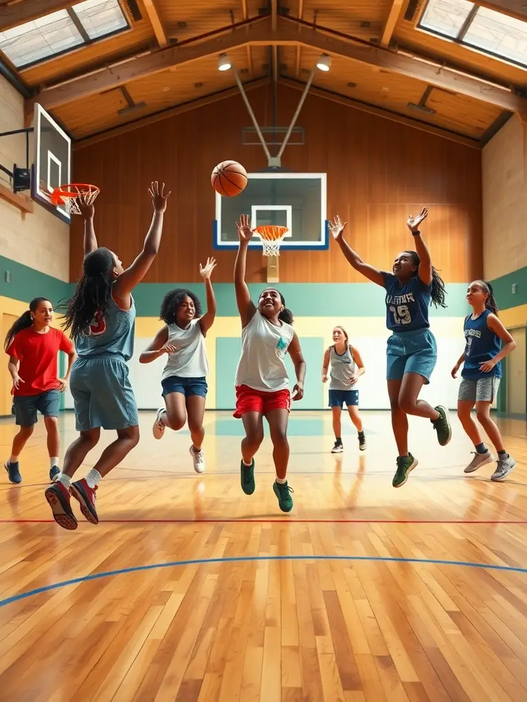A high-resolution image depicting students actively participating in a basketball game in the school gymnasium, emphasizing teamwork and sportsmanship.