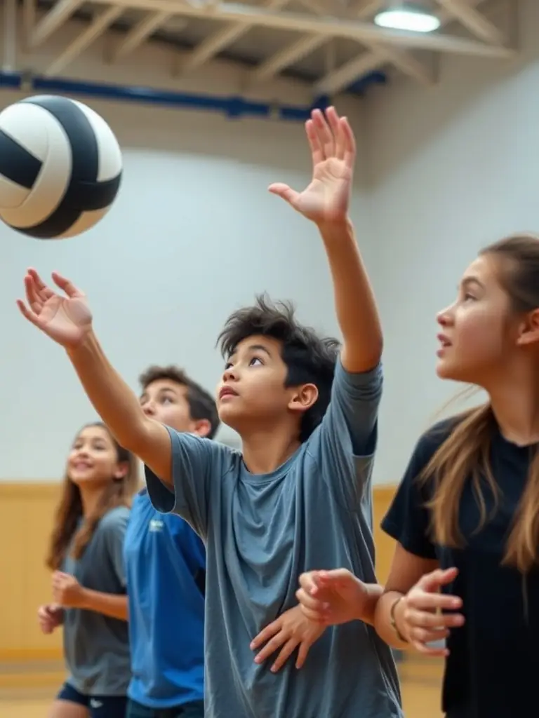 Students participating in a volleyball match, showcasing agility and coordination.