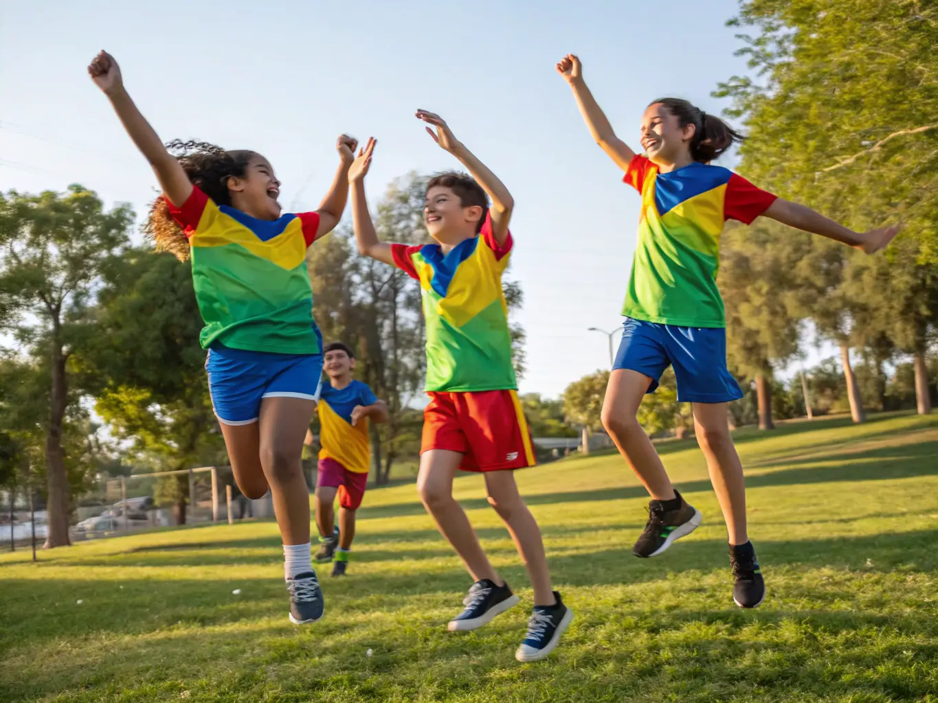 A group of young students in sports uniforms, laughing and cheering together after a game, symbolizing the camaraderie and positive environment fostered by AS COLLEGE PACY.