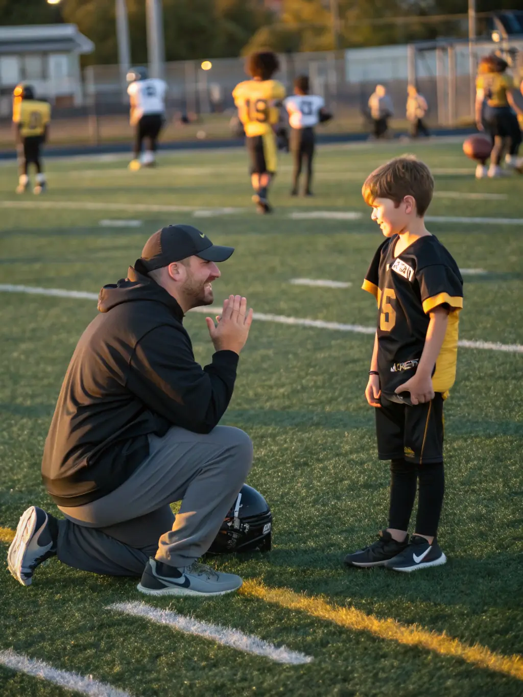 A coach providing one-on-one guidance to a student during a soccer practice, emphasizing personalized attention.
