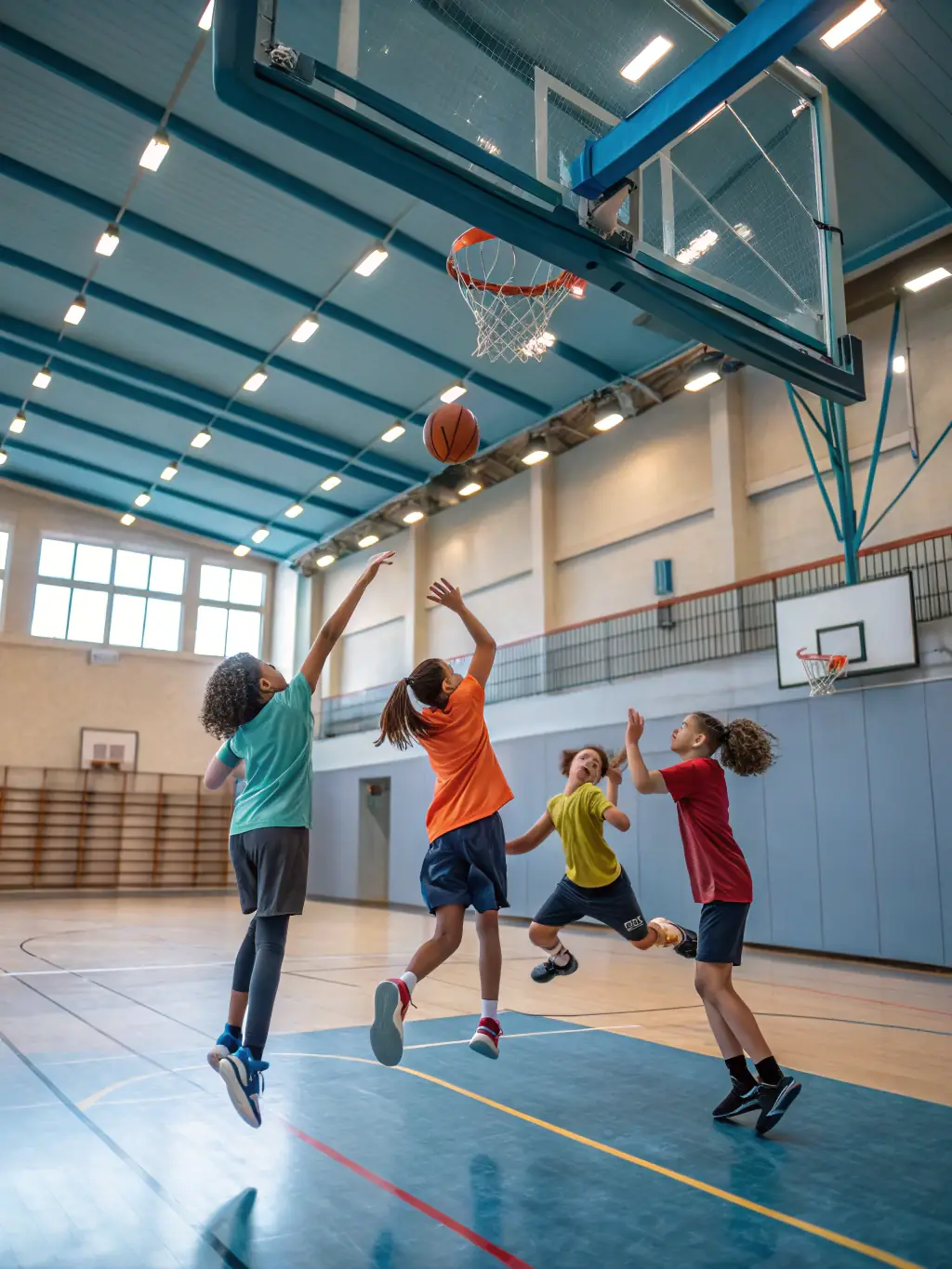A group of students playing basketball in the school gymnasium, focusing on teamwork and skill development.