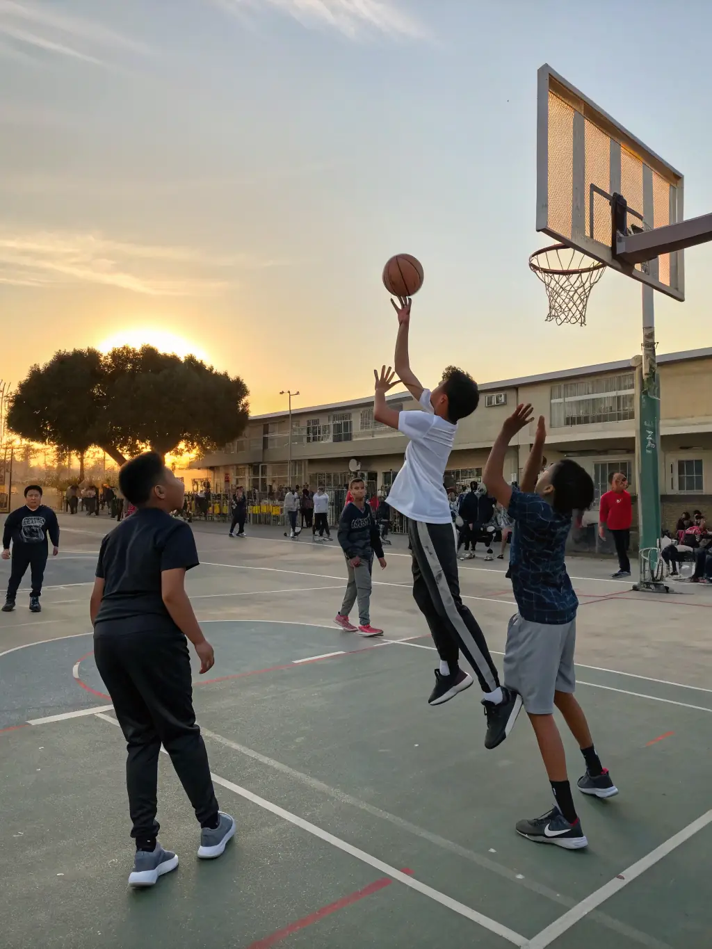 A diverse group of students participating in a basketball game, showcasing inclusivity and teamwork.